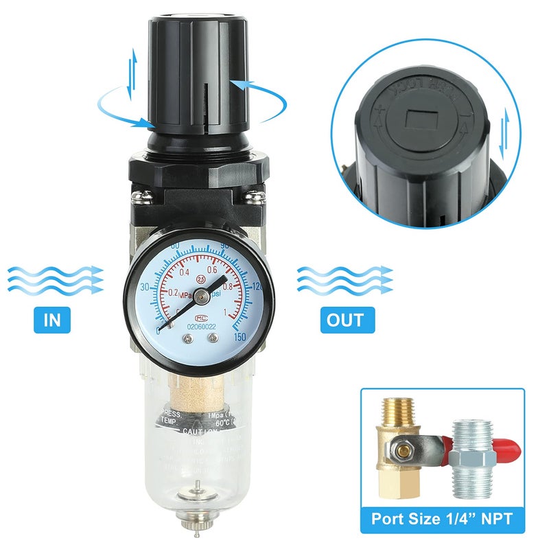 Hromee 1/4 Inch Air Compressor Filter Regulator Combo, Water Oil Separator with Pressure Gauge, Manual Drain, Ball Valve and Bracket AW2000-02 - Image 3